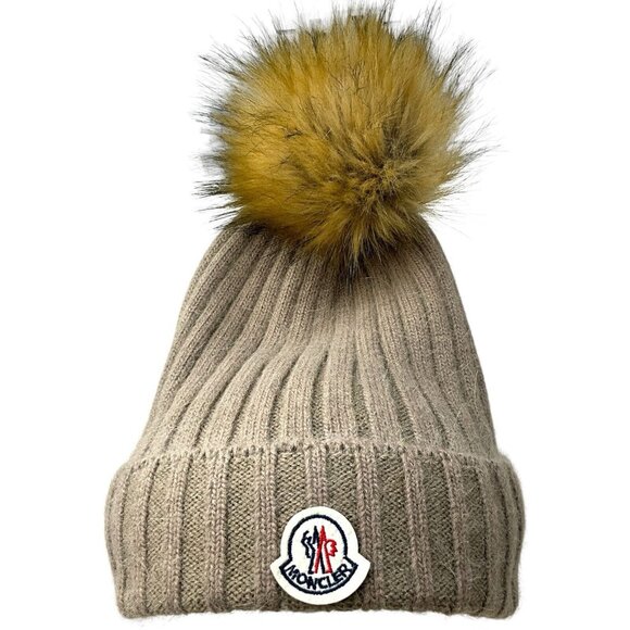 Moncler Beige 100% Wool Knitted Beanie Hat With Real Fur Pom Pom One Size - Picture 1 of 7